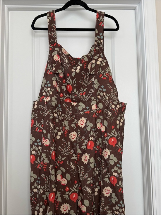 Cider Pants - Cider Brown Floral Pinafore Jumpsuit with Red and Cream Accents